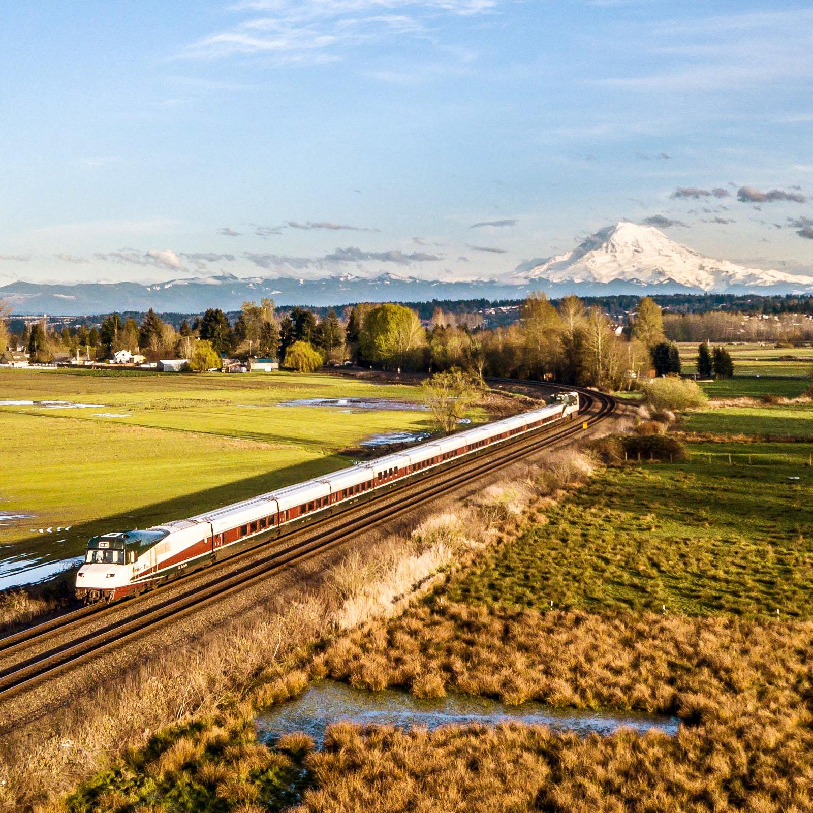Amtrak train and mountains